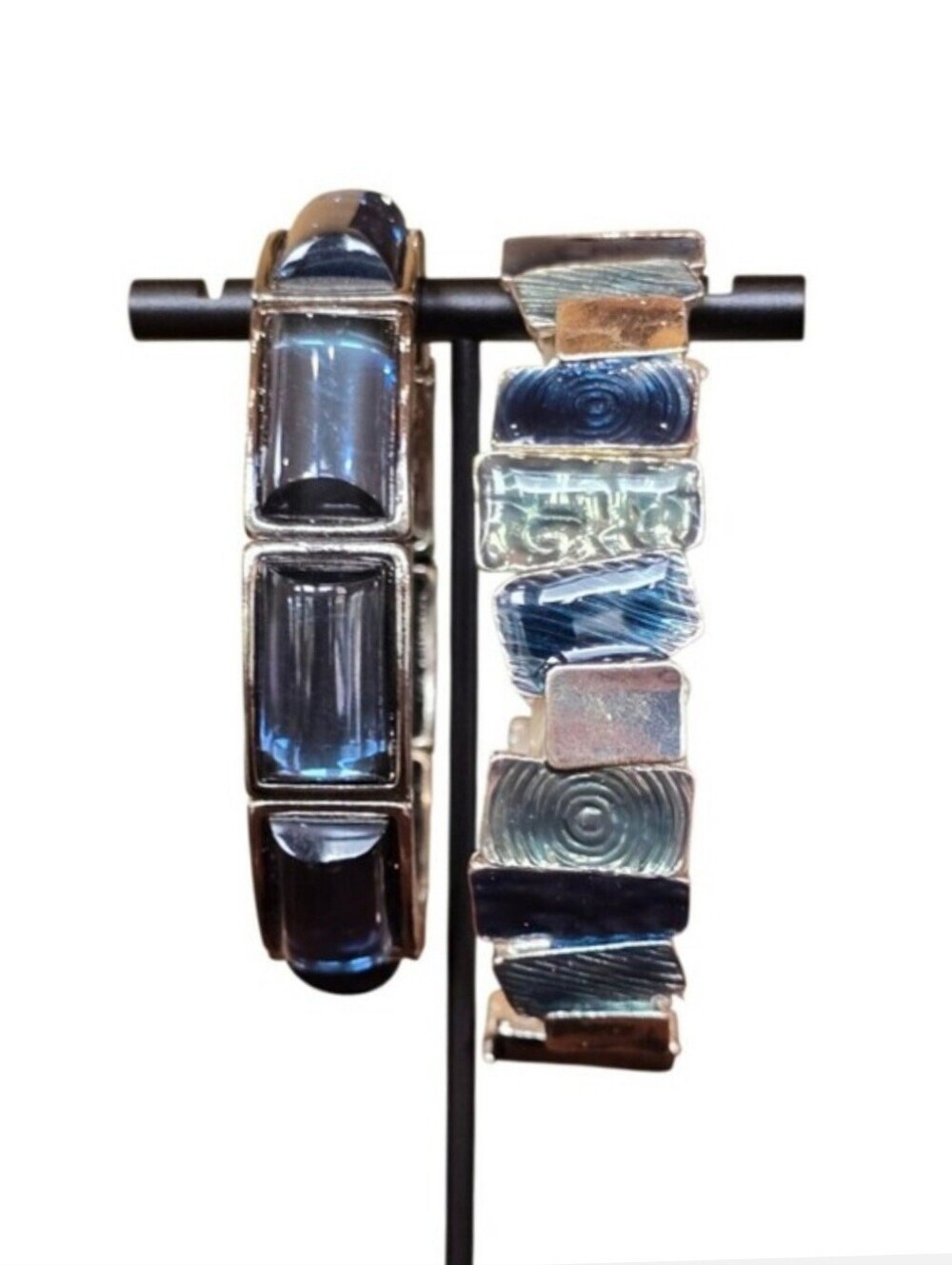 Blue Lucite Silvertone Metal Stretch Fashion Bracelet Set